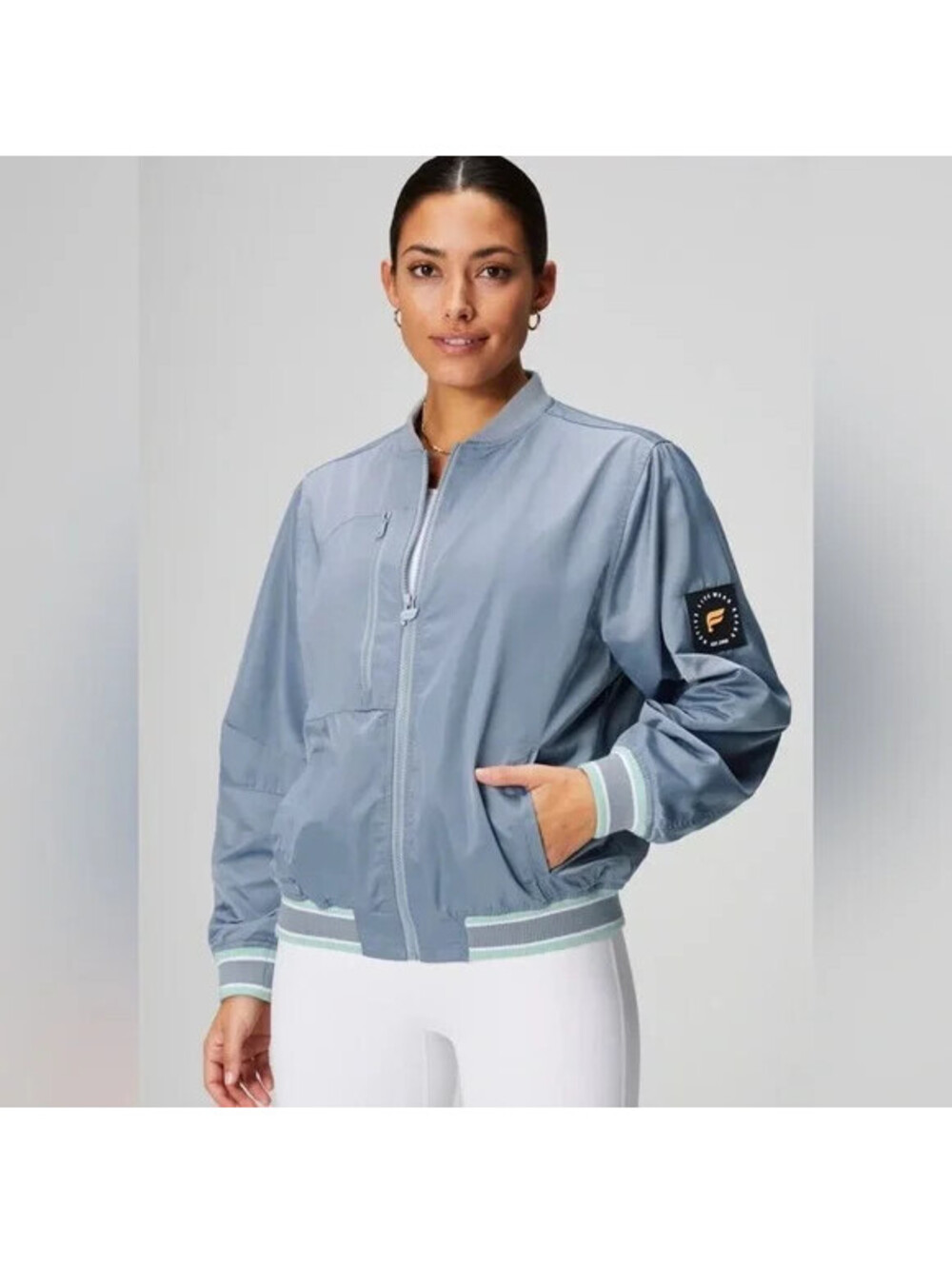 Fabletics Size M Gray Satin Zip Front Bomber Jacket Zip Pockets Logo Patch